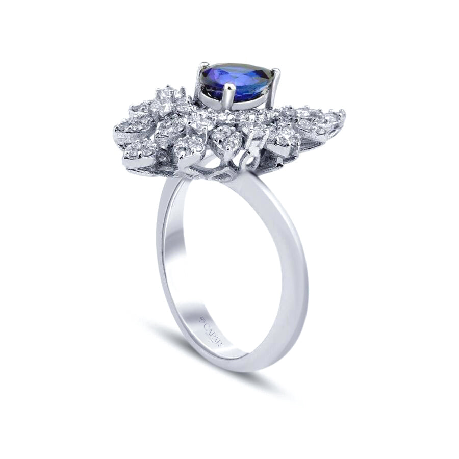 1.28 Karat Pırlanta Damla Safir Yüzük Capar Diamond