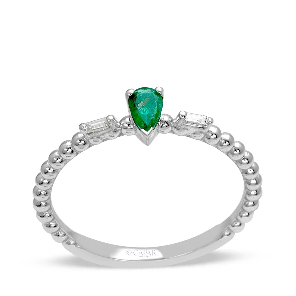0.20 Karat Baget Pırlantalı Damla Zümrüt Yüzük Capar Diamond
